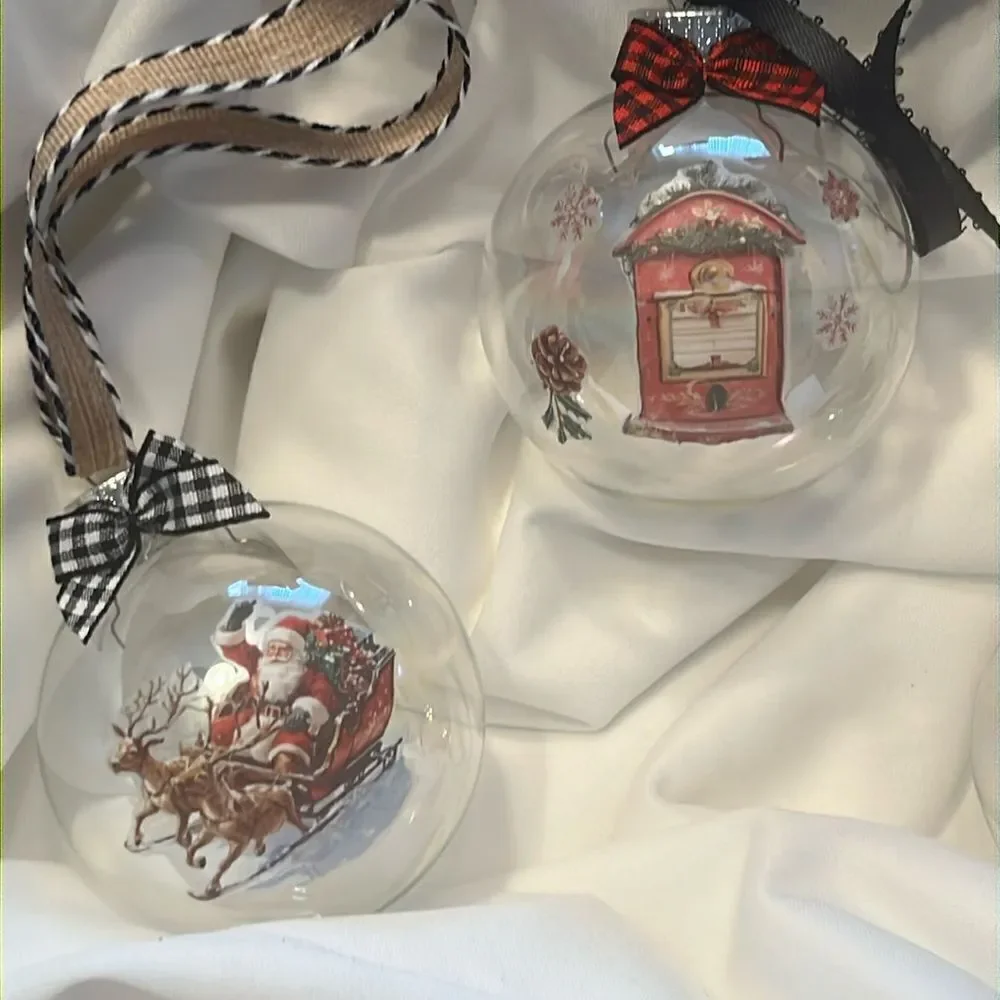 Upcycled Clear Glass Ornaments 3 Different Christmas Balls stocking, sleigh, hut
